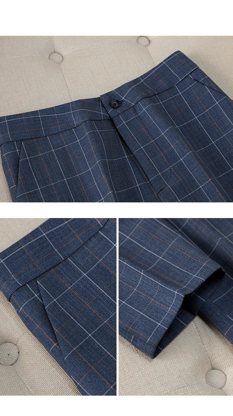 Blue plaid pants with a button on a beige background