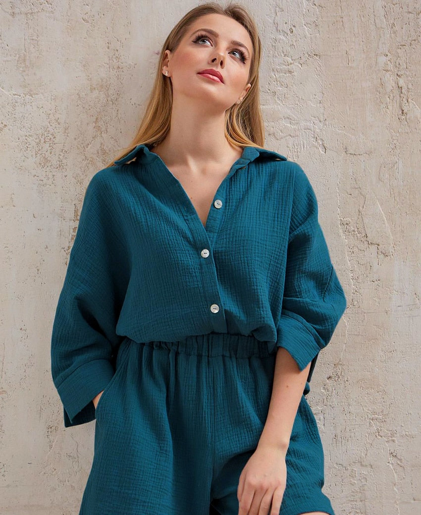 Casual Cotton 3/4 Sleeves Shirt and Shorts Set