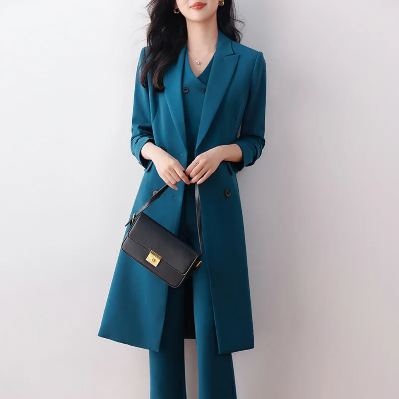 Women 3 Pcs Formal Suit Long Blazer, Vest, and Straight Pants Suit