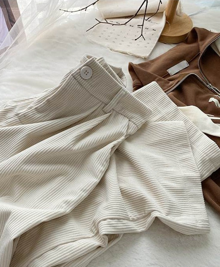 High Waist Wide Leg Vintage Corduroy Cotton Trousers
