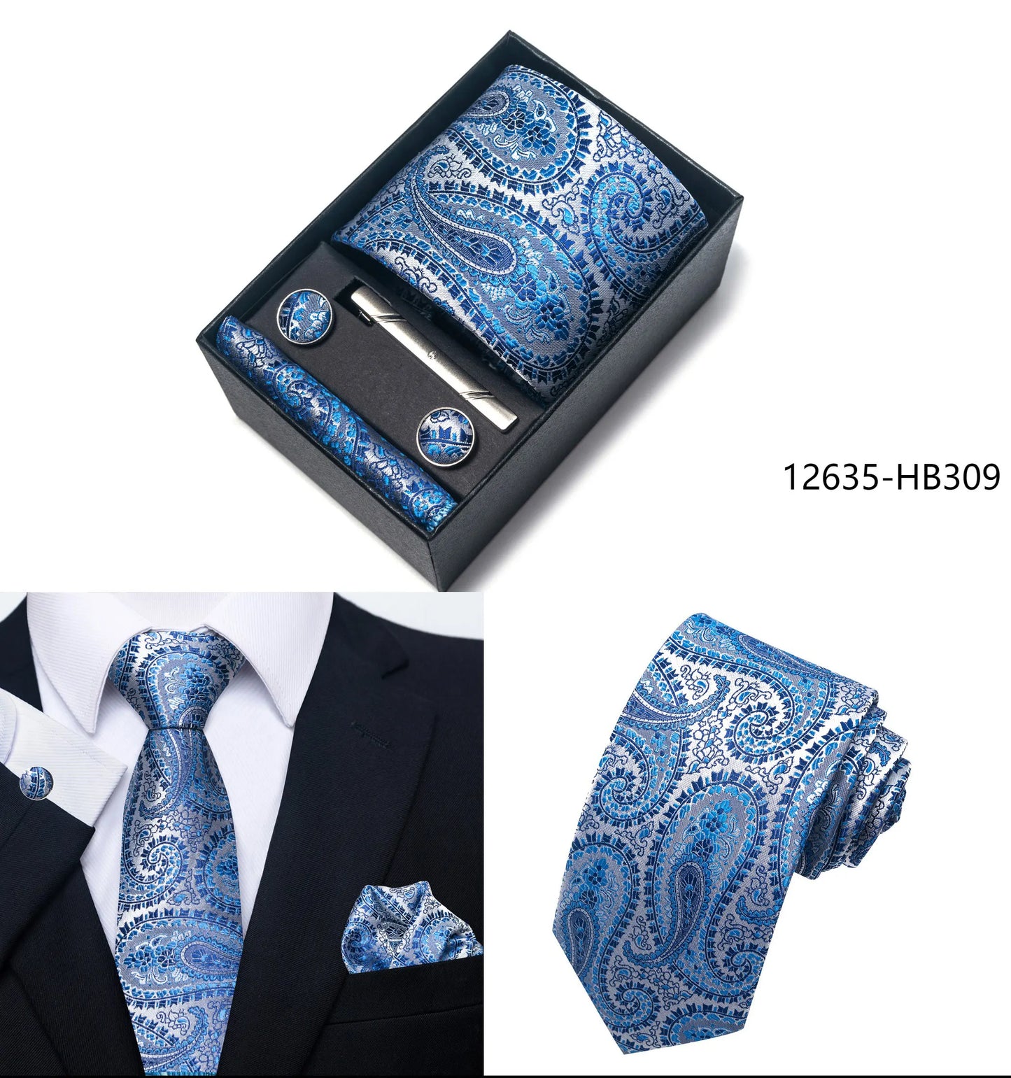 Solid Color 5 Pcs Tie Set Handkerchief, Cufflinks, Tie and Clip