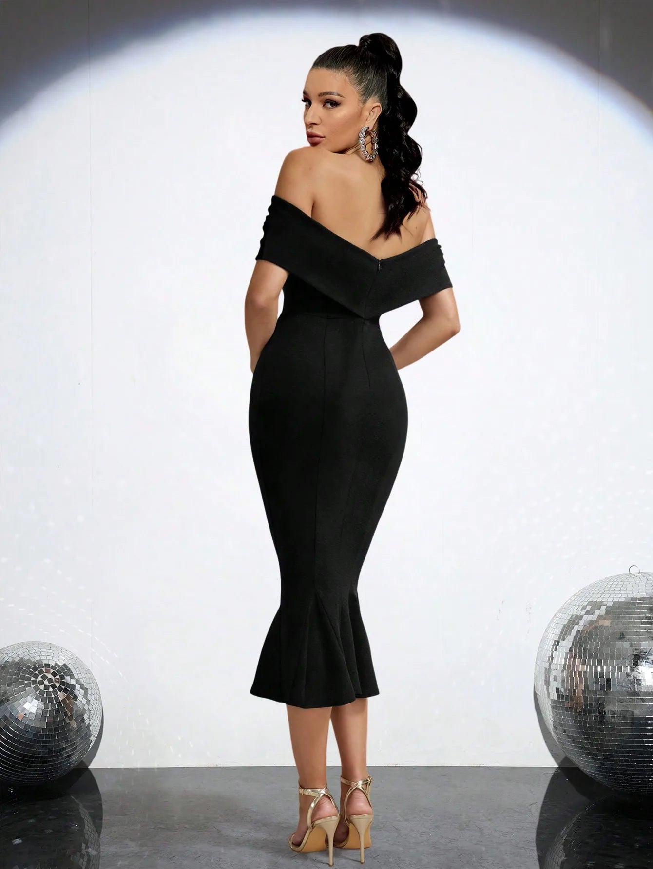 Off Shoulder Midi Mermaid Black Bandage Dress