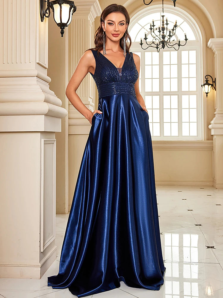 Sleeveless Satin Sequin Evening Dress - Deep V-Neckline Formal Gown