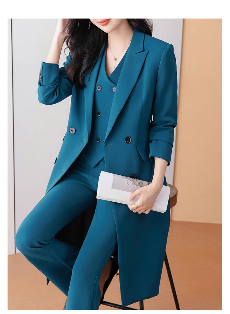 Women 3 Pcs Formal Suit Long Blazer, Vest, and Straight Pants Suit