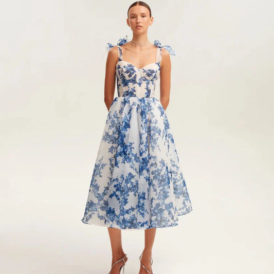 Corset Floral A-Line Dress with Wide Bow Straps