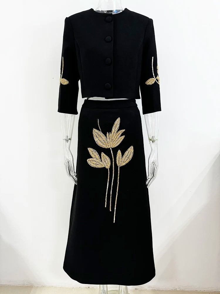 Beaded Cropped Jacket & Midi Skirt Set – Elegant Black Suit