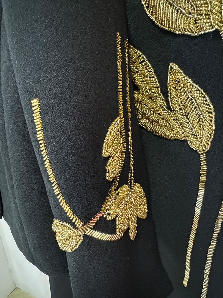 Beaded Cropped Jacket & Midi Skirt Set – Elegant Black Suit