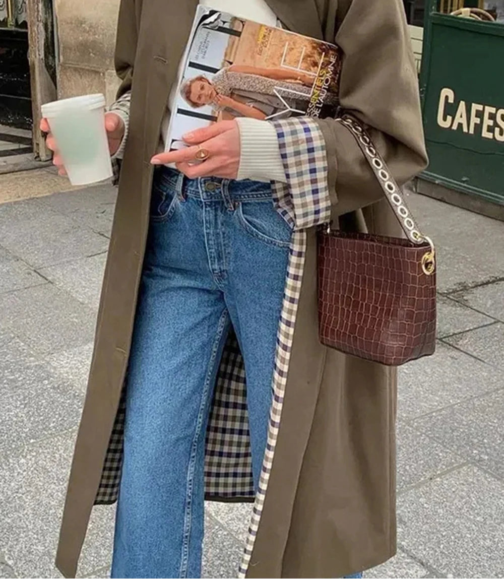 Single-Breasted Plaid Details Trench Coat