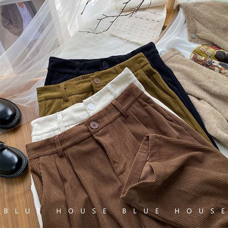 High Waist Wide Leg Vintage Corduroy Cotton Trousers