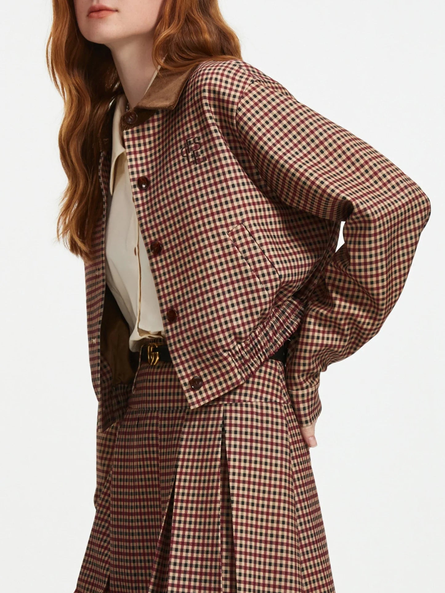 Checkerboard Coat and Pleated Skirt Set