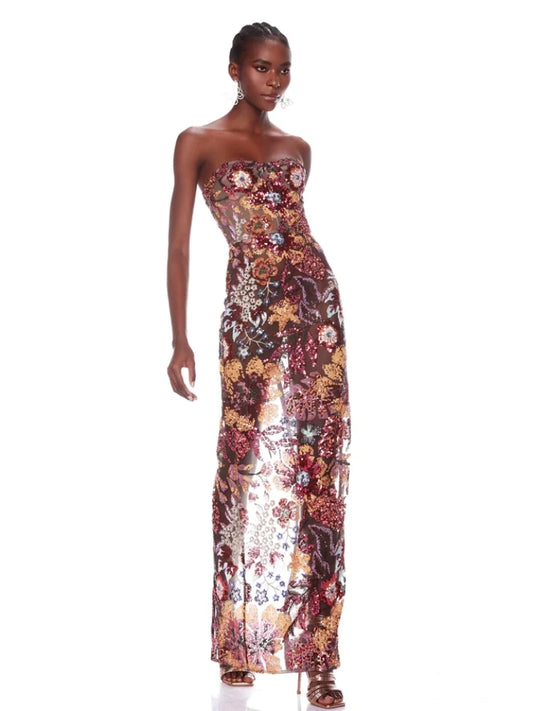 Strapless Sequin Floral Long Dress – Ankle-Length Gown