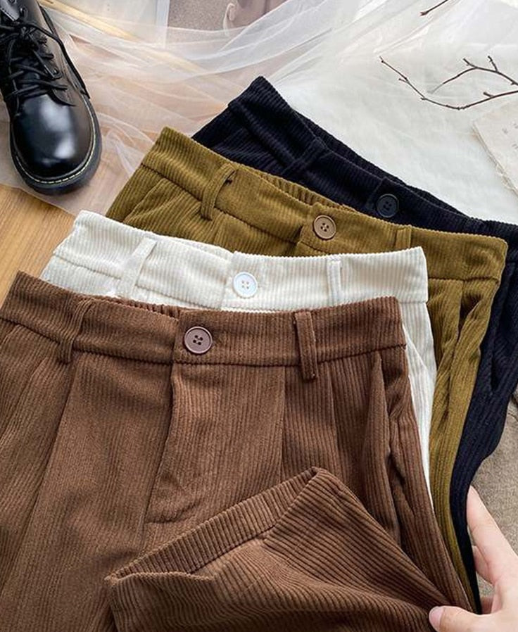 High Waist Wide Leg Vintage Corduroy Cotton Trousers