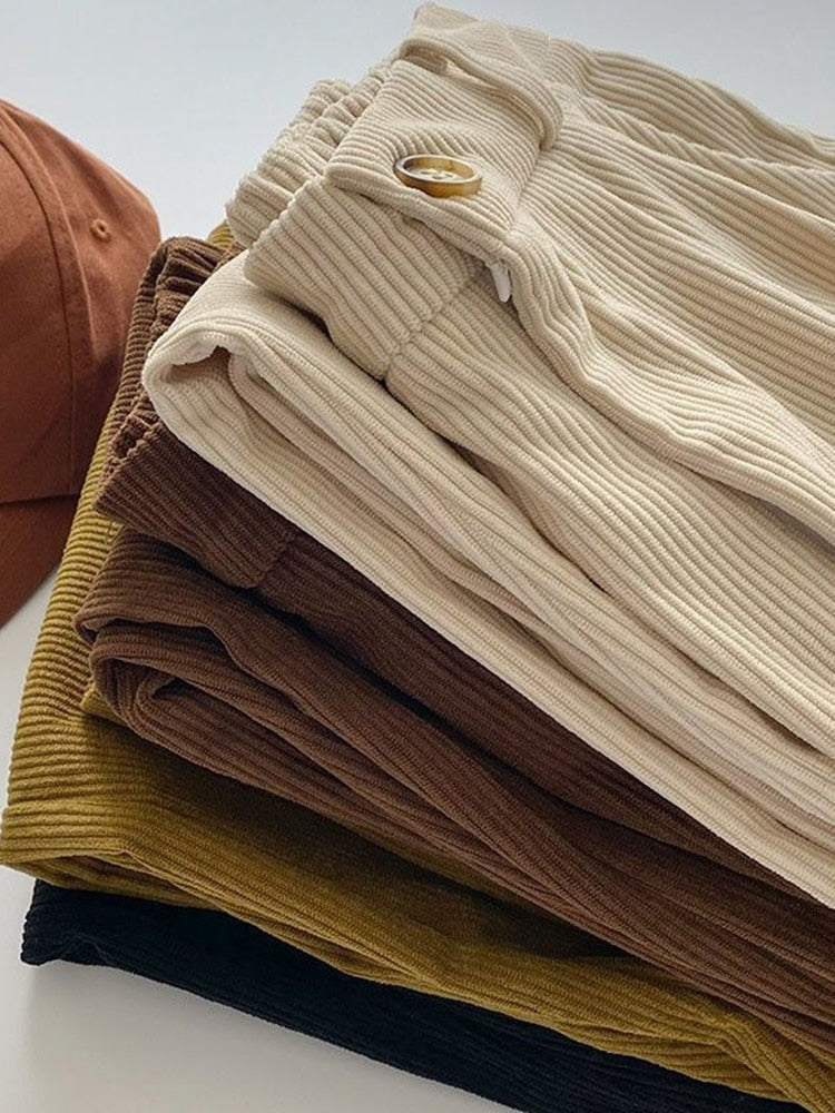 High Waist Wide Leg Vintage Corduroy Cotton Trousers