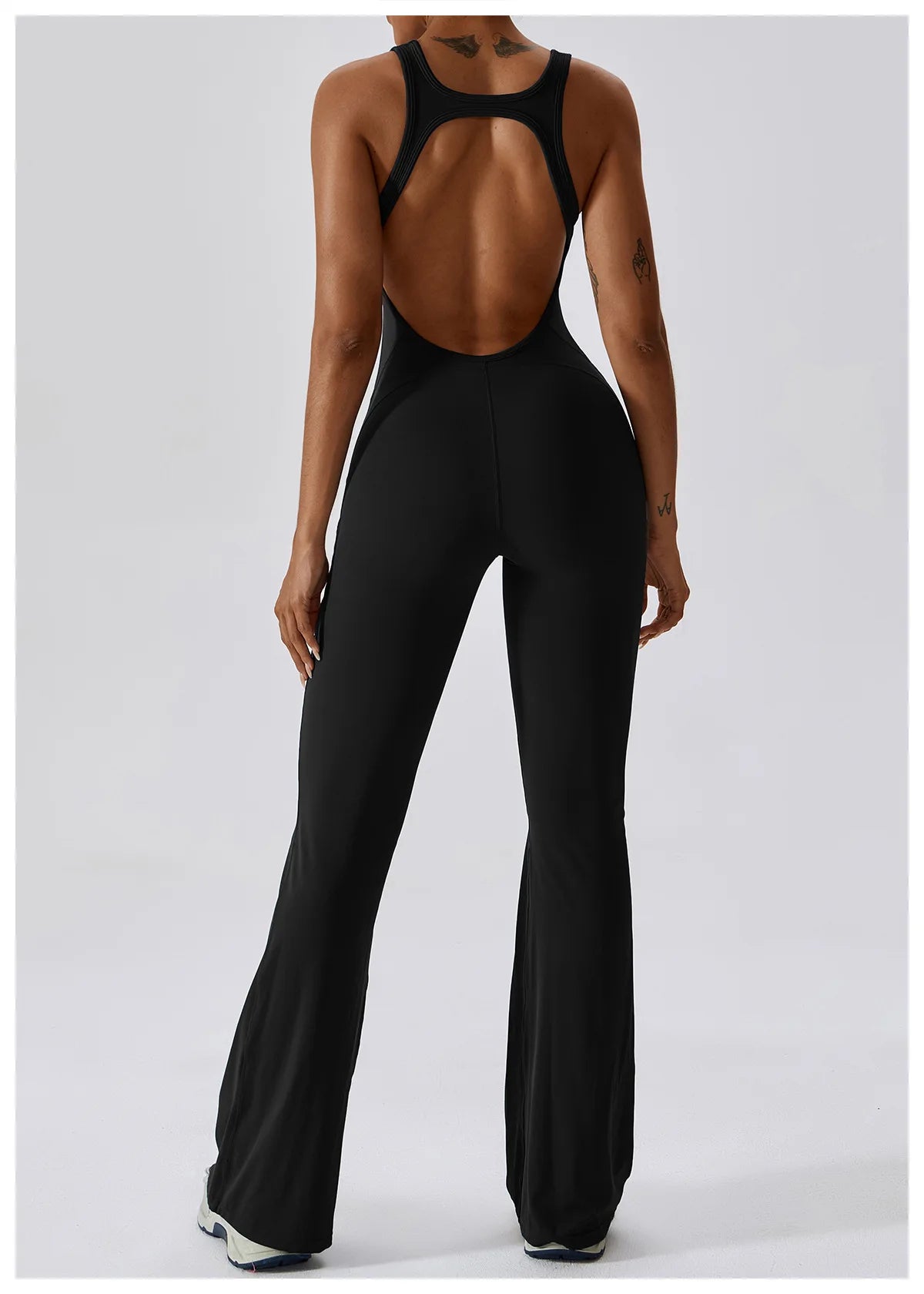 V Neckline Back Cut Out Flare Workout Jumpsuit