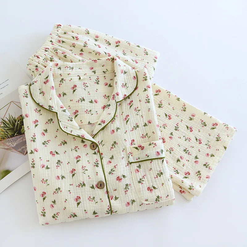 100% Cotton Crepe Pajama Floral Long Sleeve Pyjamas