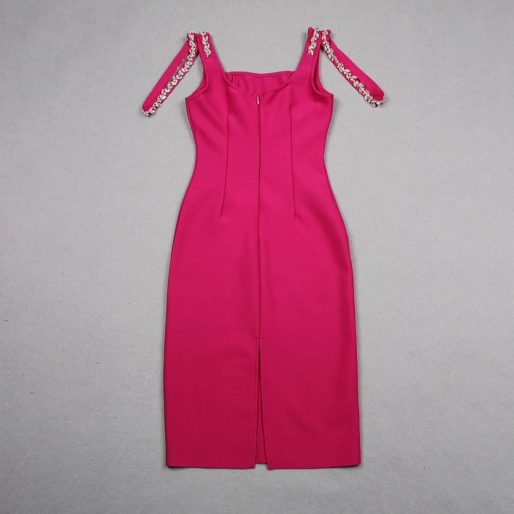 Fuchsia Spaghetti Straps Crystal-Encrusted Details Midi Dress