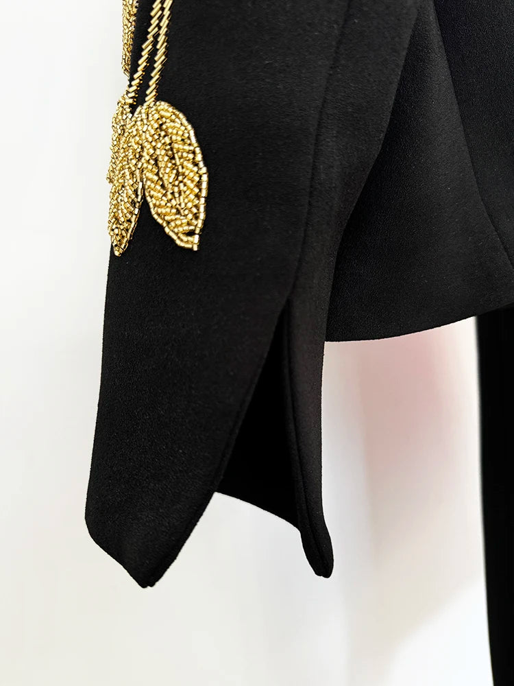 Beaded Cropped Jacket & Midi Skirt Set – Elegant Black Suit