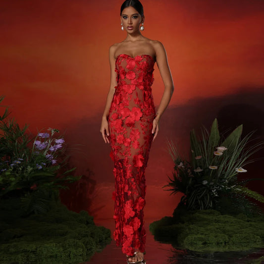 Strapless Embroidered Floral Long Dress