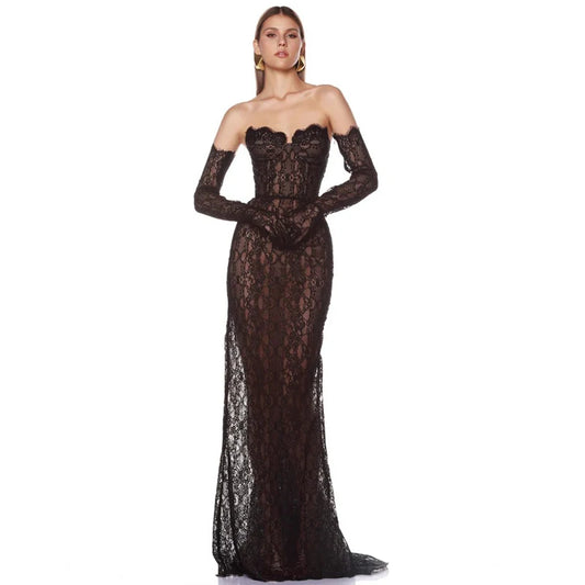 Strapless Lace Black Tie Gown Dress with Matching Lace Gloves