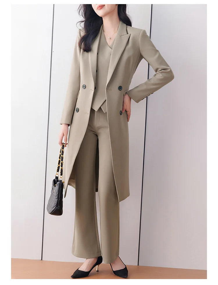 Women 3 Pcs Formal Suit Long Blazer, Vest, and Straight Pants Suit