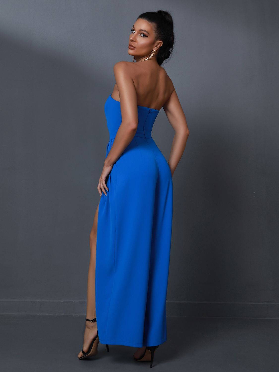 Strapless Split Wide Leg Royal Blue Jumpsuit