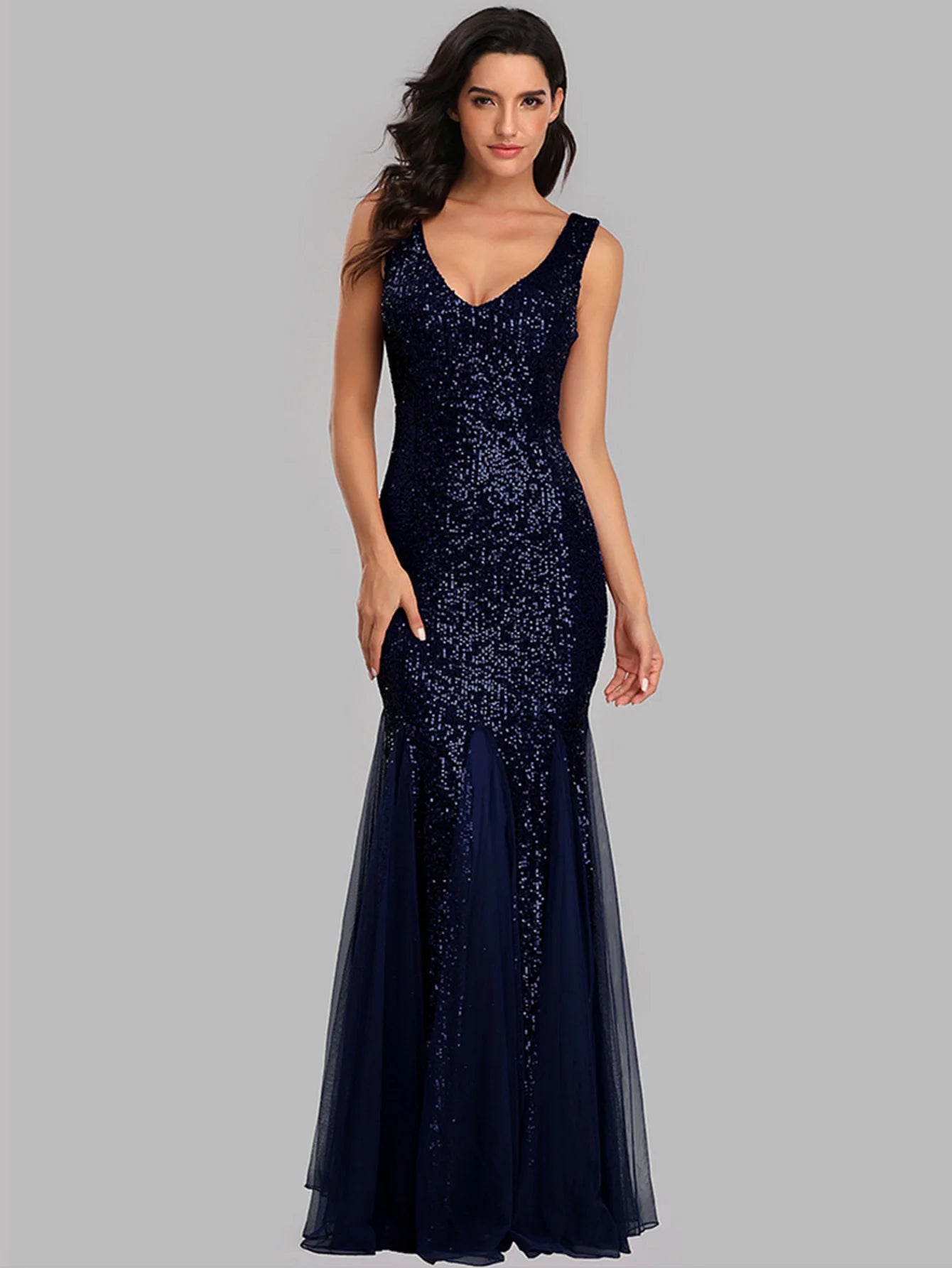 Sleeveless V Neckline Sequin Evening Dress