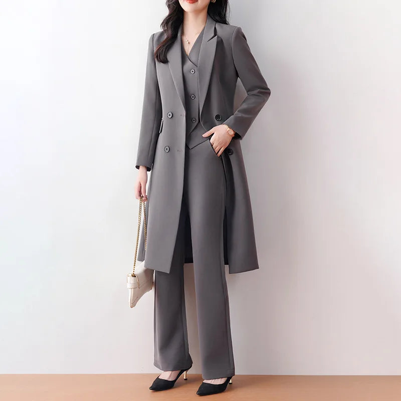 Women 3 Pcs Formal Suit Long Blazer, Vest, and Straight Pants Suit