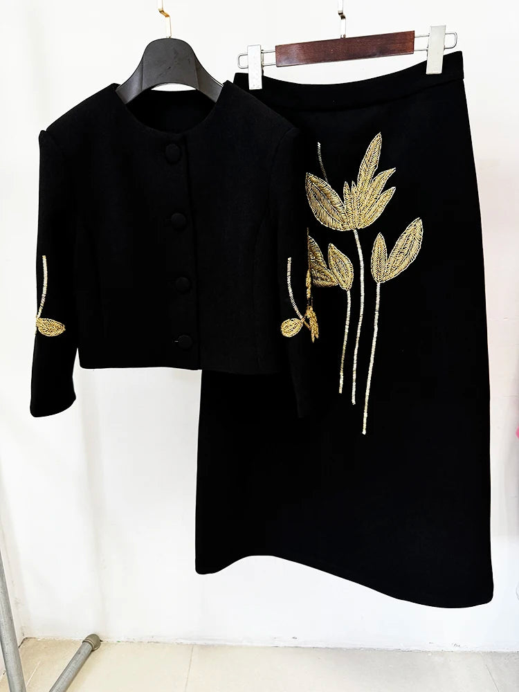 Beaded Cropped Jacket & Midi Skirt Set – Elegant Black Suit