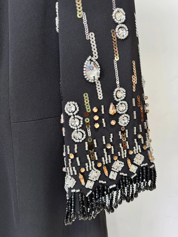 Beaded Haute Couture Floor-Length Dress – 3/4 Sleeves, Formal Elegance