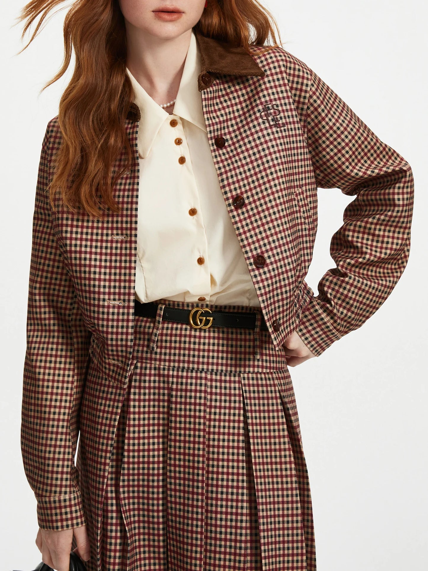 Checkerboard Coat and Pleated Skirt Set