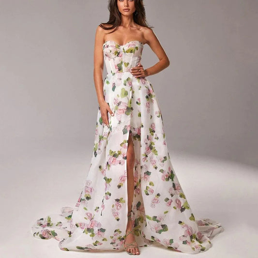 Strapless Corset Floral Print A-Line Dress