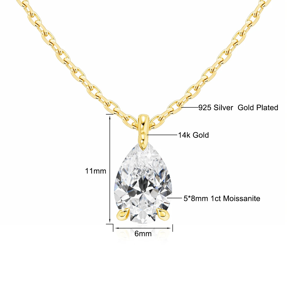 14K Gold Pendant 2CT Pear Cut Moissanite Necklace