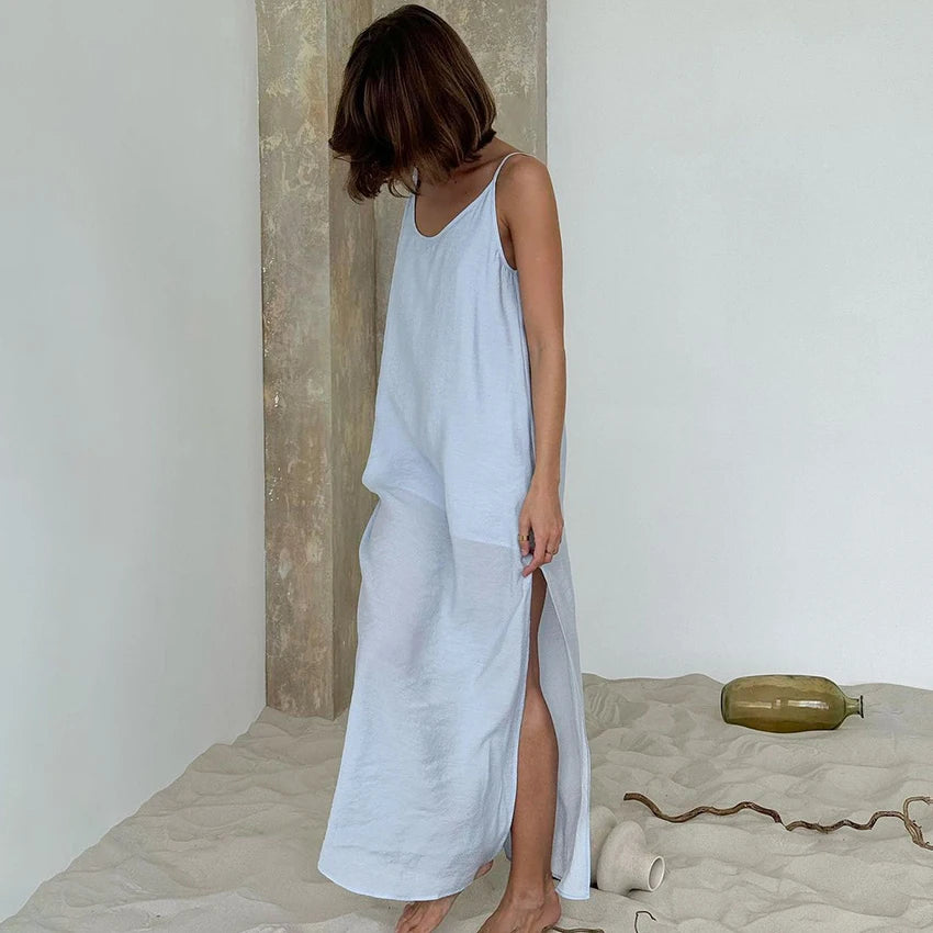 Lined Casual Long Back Deep V Dress