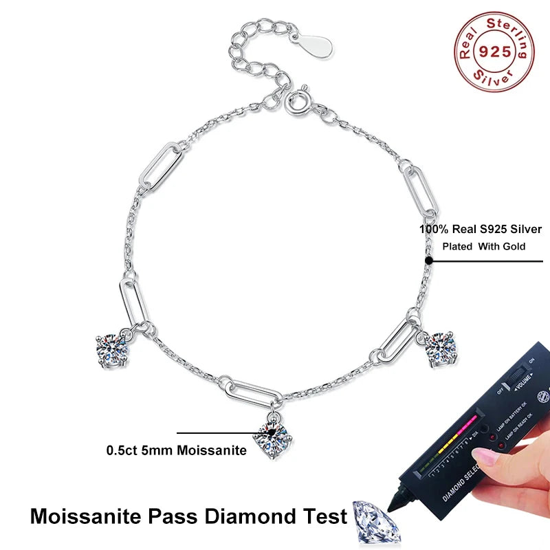 1.5CT Moissanite 3-Charms Bracelet – Elegant Gift for Her