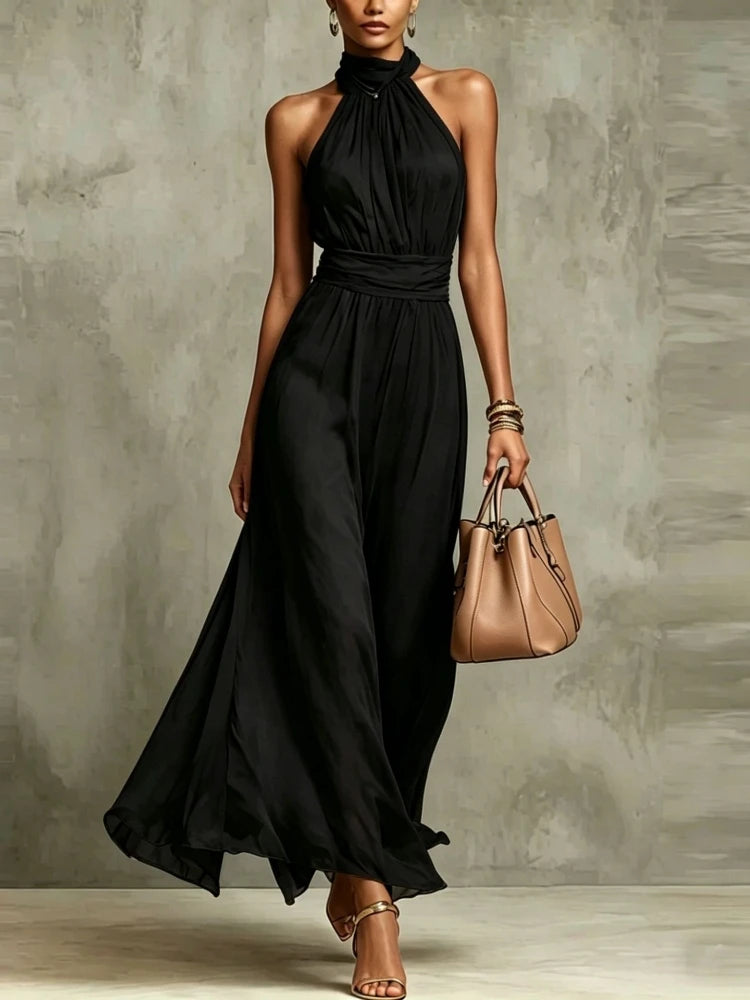Chiffon Halter Neck A-Line Maxi Dress