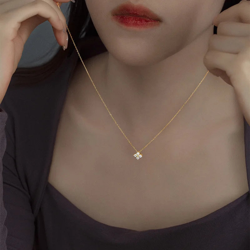 Moissanite Four-leaf Flower Necklace with a Matching Earrings