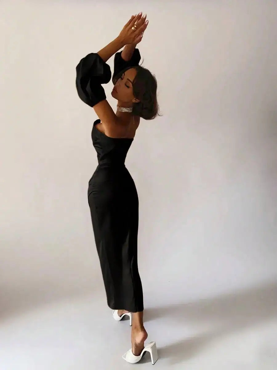 Strapless Black-tie Sheath Dress with Removable Puff Sleeves