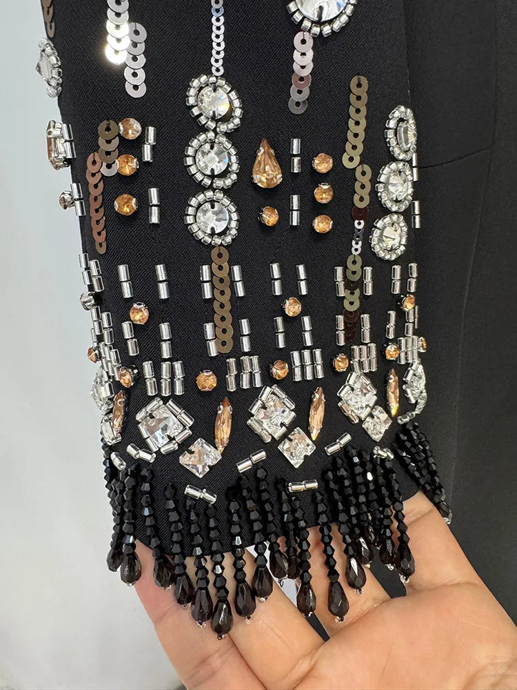 Beaded Haute Couture Floor-Length Dress – 3/4 Sleeves, Formal Elegance