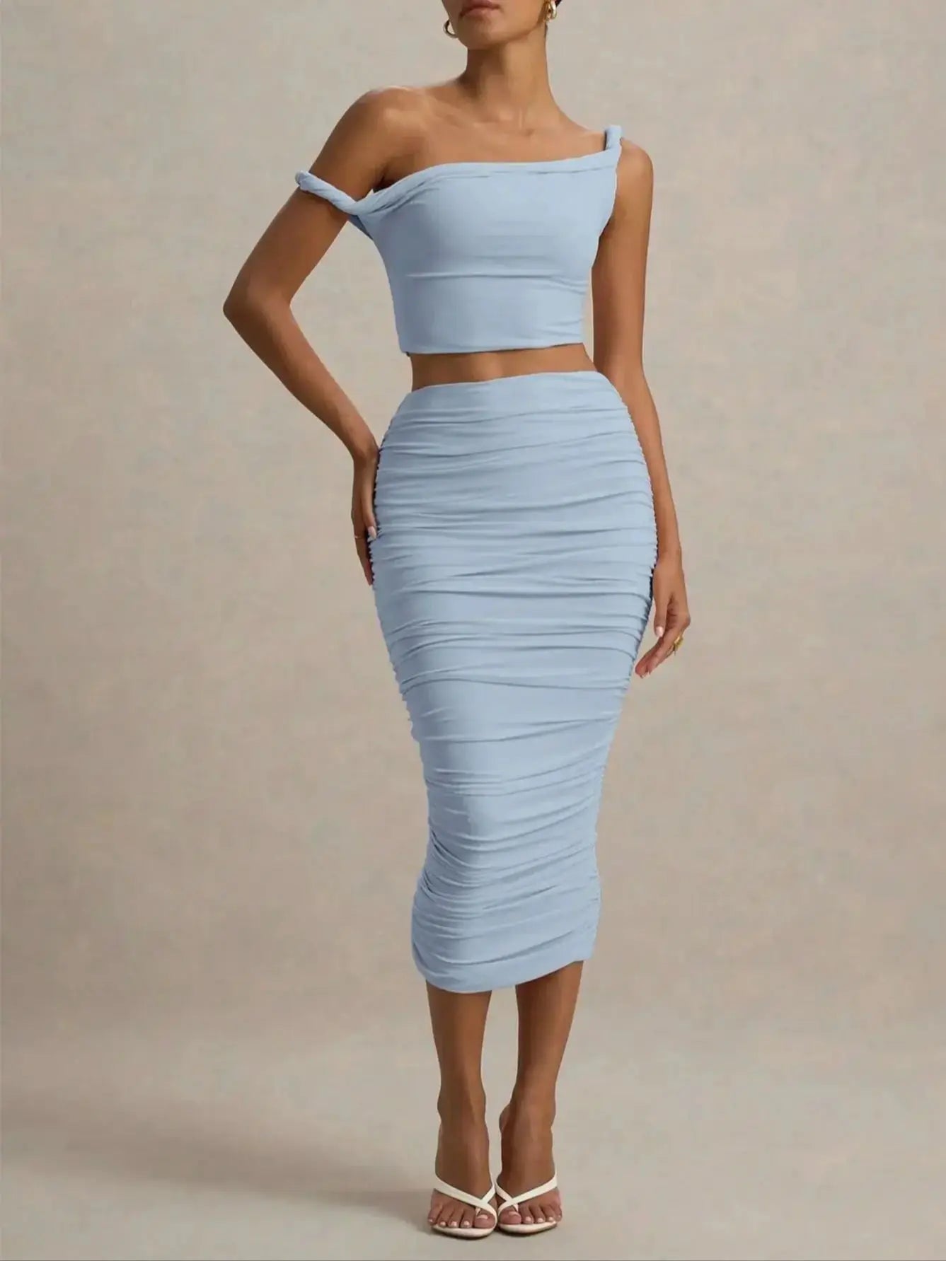 Baby Blue Off Shoulder Top and Mesh Skirt Two-Piece Set