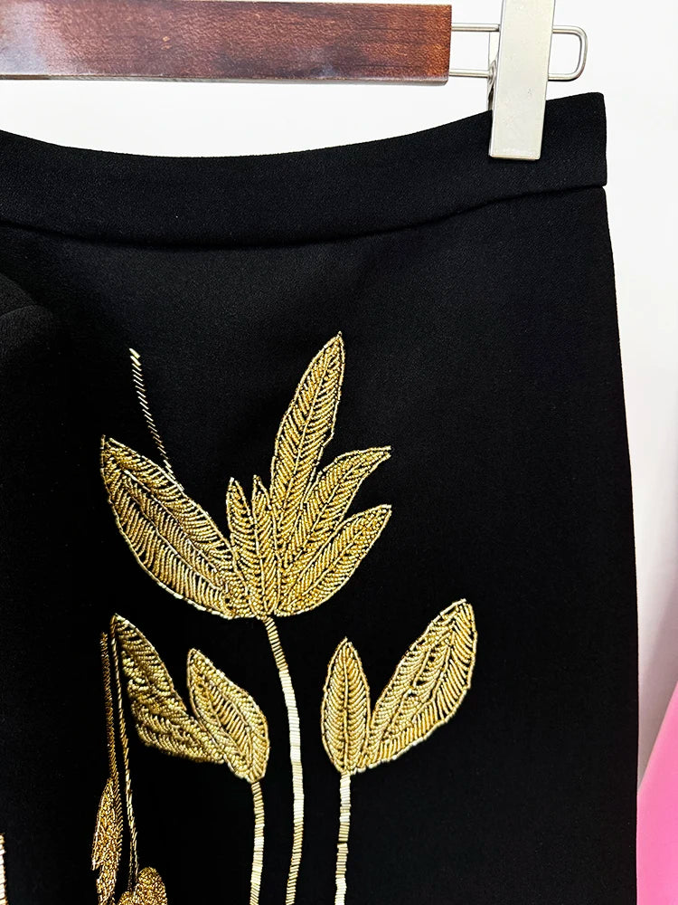 Beaded Cropped Jacket & Midi Skirt Set – Elegant Black Suit