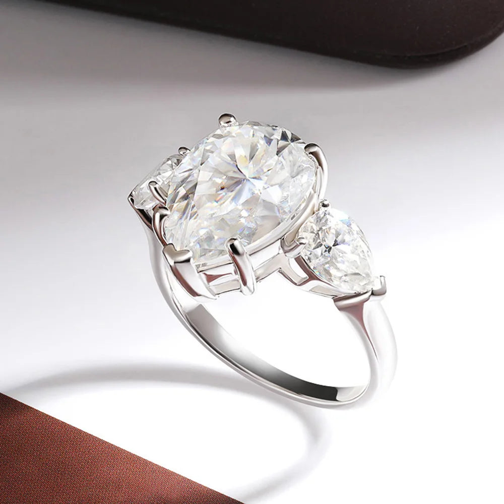 18K Plated 3 Stones 8 Carat Pear Cut Waterdrop Shape Engagement Wedding Moissanite Ring