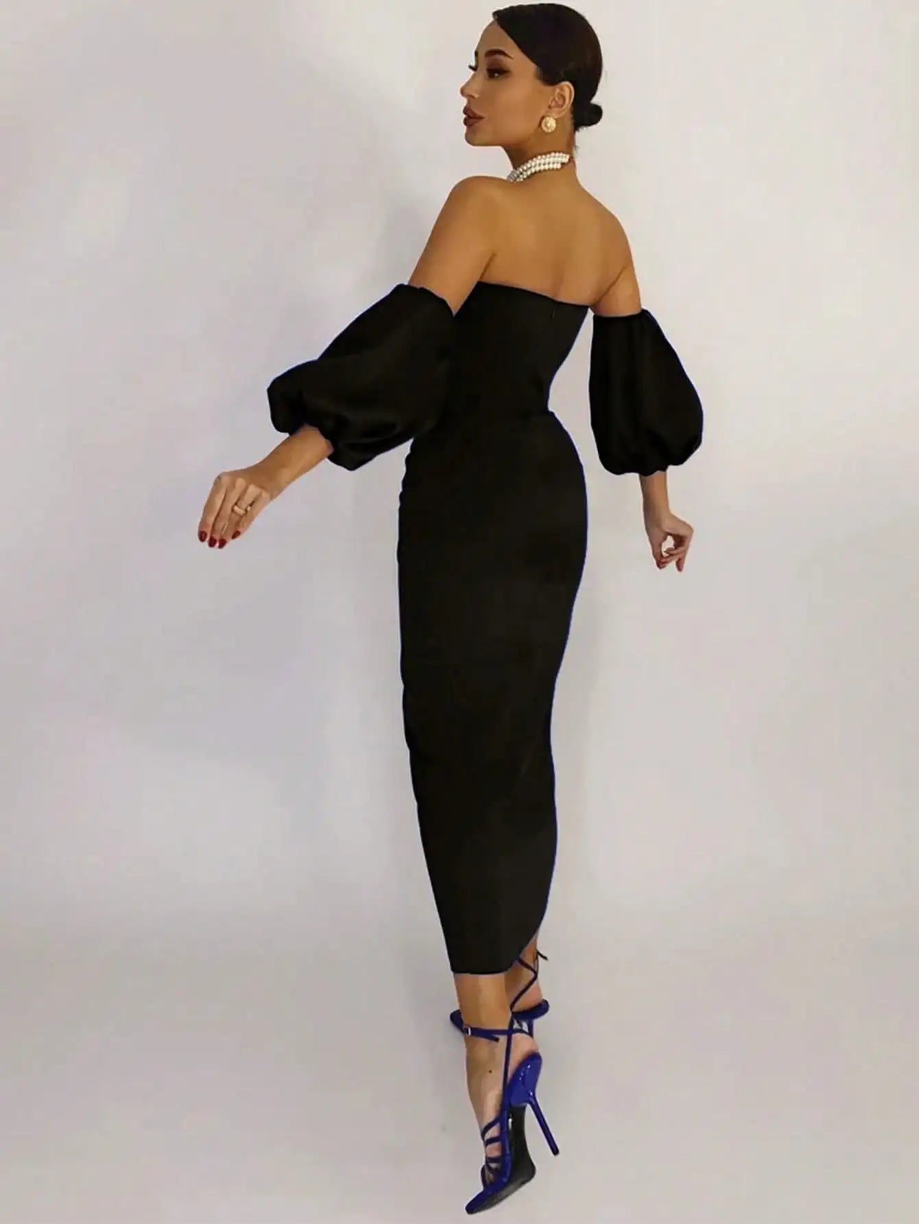 Strapless Black-tie Sheath Dress with Removable Puff Sleeves