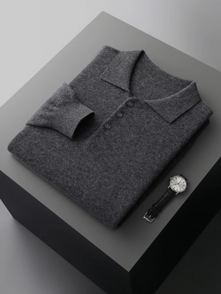 Men's Luxury 100% Merino Wool Buttoned Polo Pullover