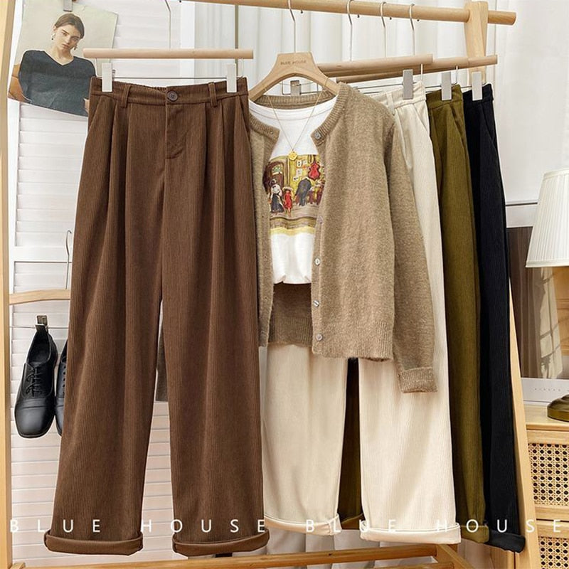 High Waist Wide Leg Vintage Corduroy Cotton Trousers