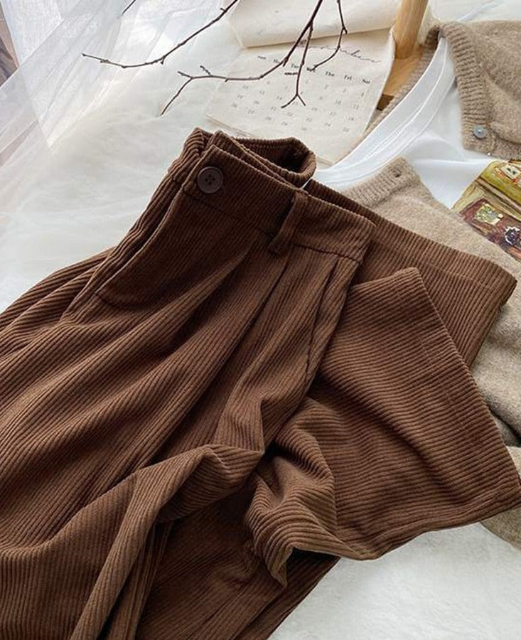 High Waist Wide Leg Vintage Corduroy Cotton Trousers