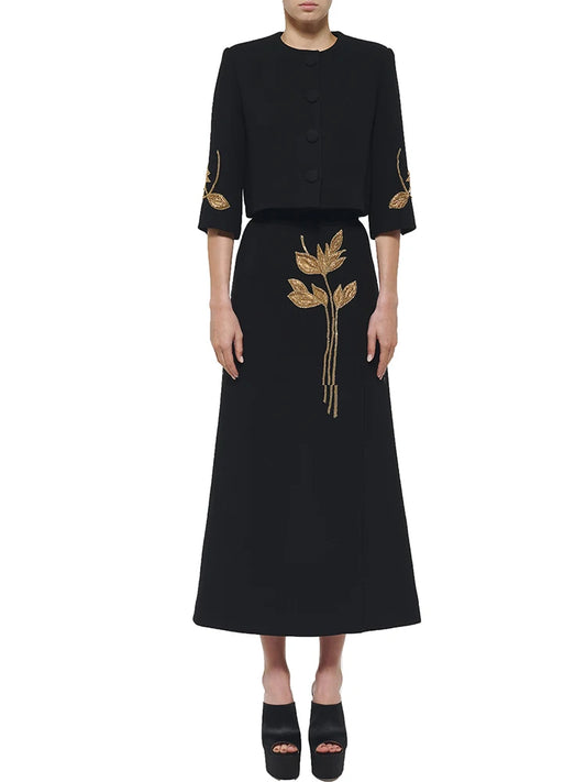 Beaded Cropped Jacket & Midi Skirt Set – Elegant Black Suit