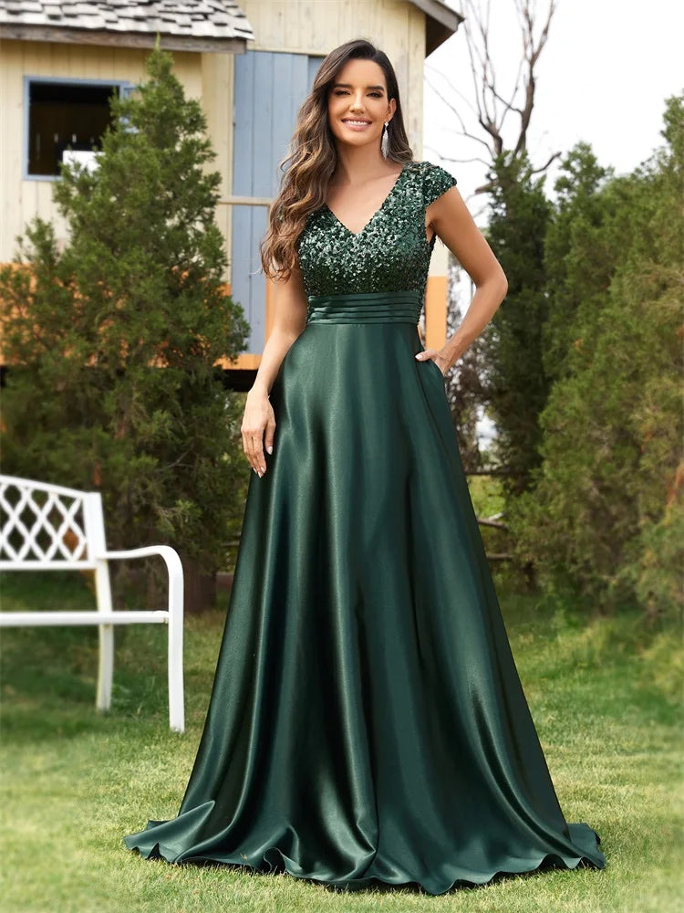 Cap Sleeves V-Neckline Satin Sequin Bridesmaid Dress Emerald A-Line The Black Friesian Cap Sleeves V-Neckline Satin Sequin Bridesmaid Dress Emerald A-Line The Black Friesian