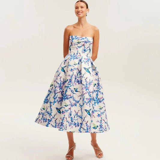 Strapless Floral Print A-Line Dress