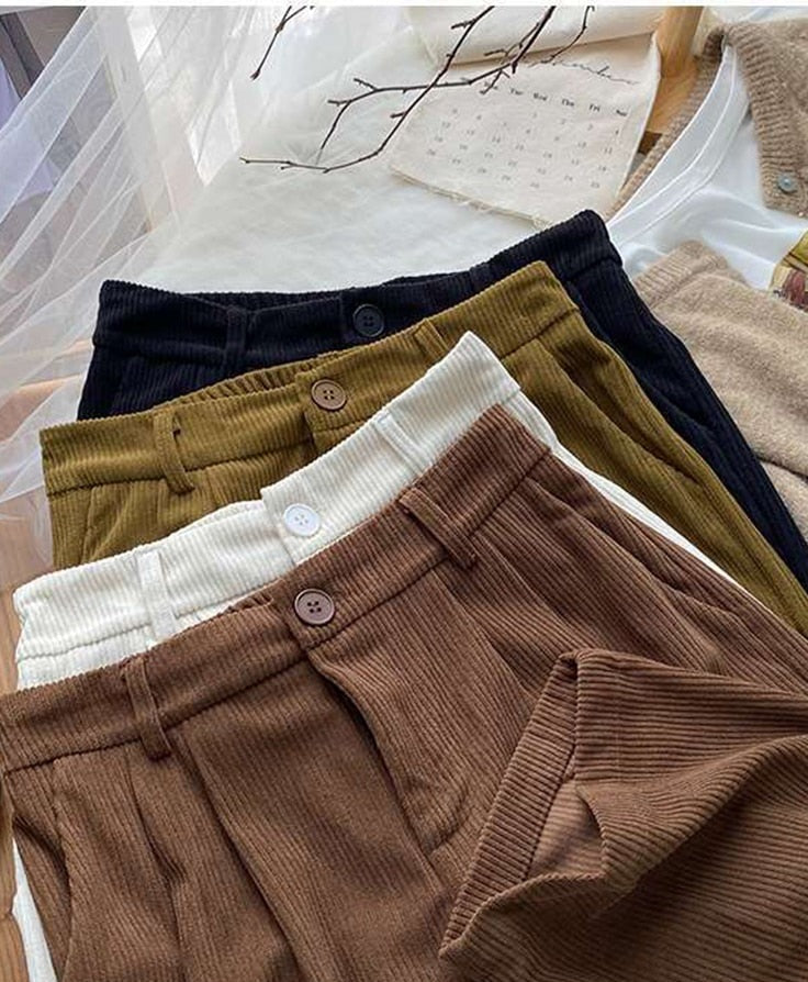 High Waist Wide Leg Vintage Corduroy Cotton Trousers