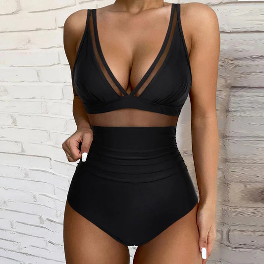 V Neckline Mesh Details Full Coverage Swimsuit